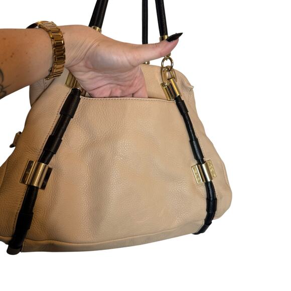 DKNY Vintage Leather Satchel Beige Black Bowler Bag Purse Handbag - Picture 2 of 11